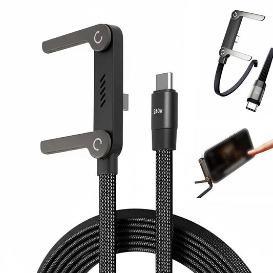 Invisible Holder Charger Cable with Stand - 240W Super Fast Charging 2-in-1 Cord & Phone Stand for Gaming, Office, and Travel, Compatible with Type-C, Black